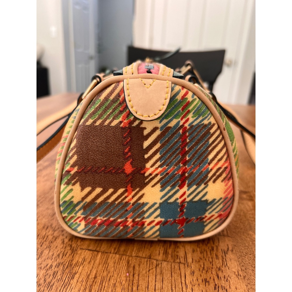 Dooney & Bourke Plaid Coated Canvas Barrel Bag Multicolor Scalloped Trim Satchel - Picture 6 of 16